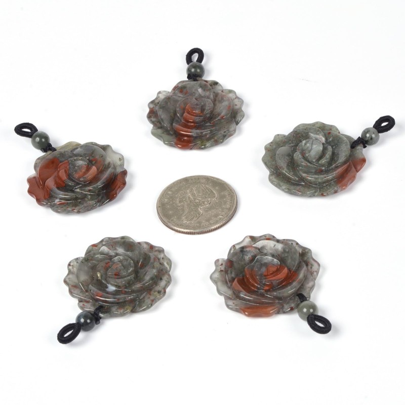 Justinstones Natural African Bloodstone Carved Rose Flower 35mm Pendant Necklace