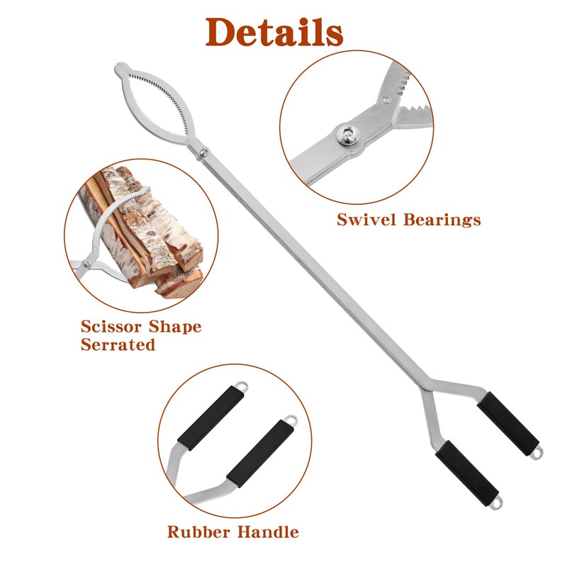 32" Stainless Steel Fire Log Tongs Firewood Grabber and Fire