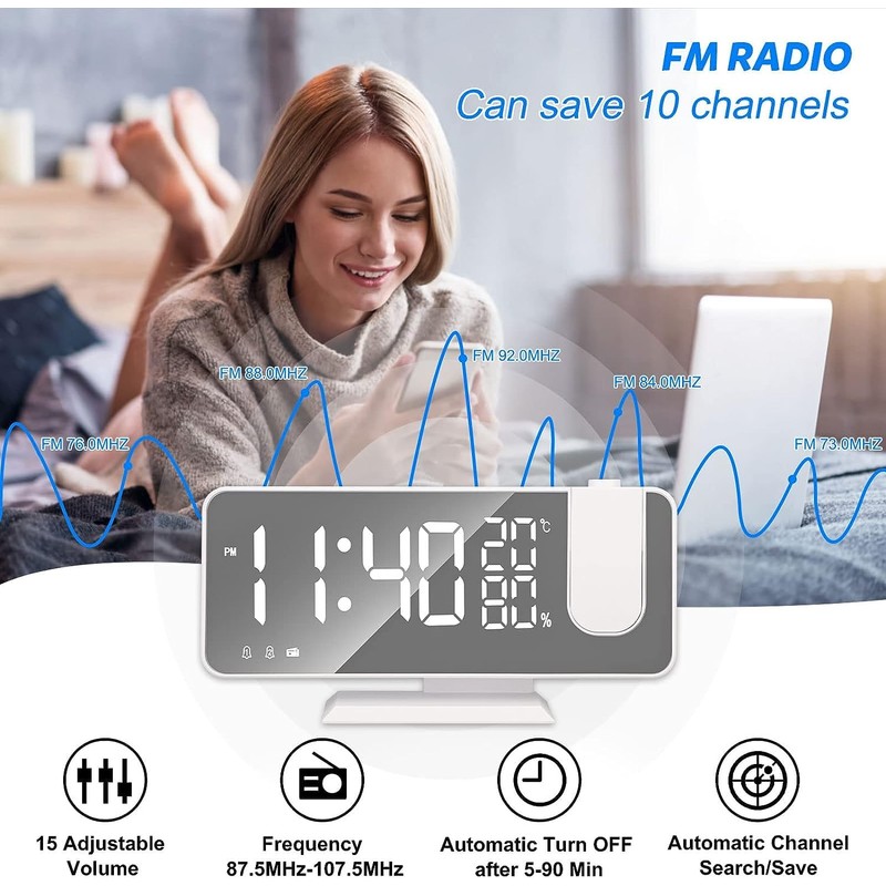 Projection Digital Alarm Clock for Bedroom, Beedove FM Radio Alarm