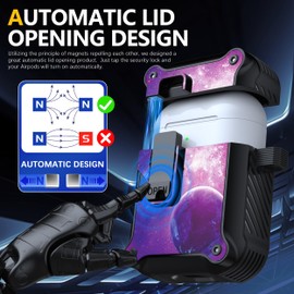 RFUNGUANGO Compatible with Airpods 2 Case, Automatic Pop-up with Safety Lock Clip, Shockproof Full Body Hard Case with Keychain, Starry Sky