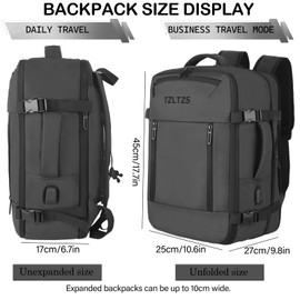 TZLTZS Travel Backpack, Carry-on Backpack Bag Luggage, 17.3Inch Laptop Backpack with USB Charging Port&Shoes Compartment, Anti Theft Waterproof, Casual Daypack for School Weekender Business Trip,Black