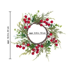 Winlyn 4 Pcs Artificial Eucalyptus Cedar Berry Candle Rings Christmas Candle Holder Wreath Rings Faux Cedar Twigs Wreath Mini Window Wreaths 12.2" Wide Winter Wedding Holiday Party Table Decoration