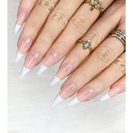 Morily 24pcs Fake Nails Pink White Glossy Medium Long Stiletto Almond Press on Nail False Tips Artificial Finger Manicure for Women (French)