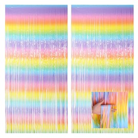 2 Pack Pastel Colourful Foil Tinsel Curtain(3.2ftx 8.2ft),Iridescent Glitter Metallic Fringe Curtain for Rainbow Party Decorations Backdrop