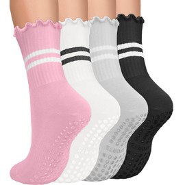 yeuG Pilates Socks with Grips for Women Non Slip Grip Socks Crew Grippy Socks Cute Ruffle Socks for Yoga, Barre, Fitness, A06-black/Pink/Light Grey/White, Small-Medium