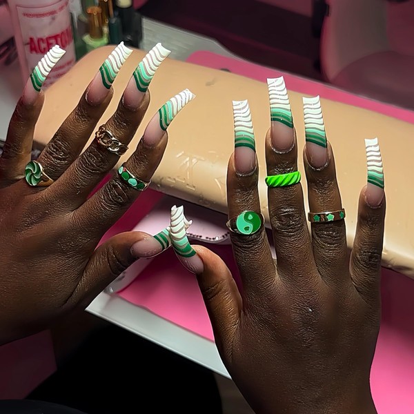 Curved Nail Tips Long Press on Nails with Green White