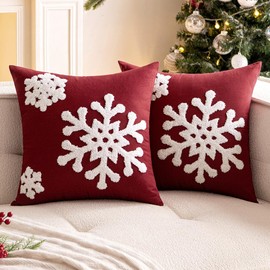 Woaboy Pack of 2 Christmas Burgundy Throw Pillow Covers Decorative Snowflake Embroidery Couch Pillows Canvas Cushion Cases Holiday Home Decor Soft Pillowcases for Sofa Bedroom Car 20x20 Inch
