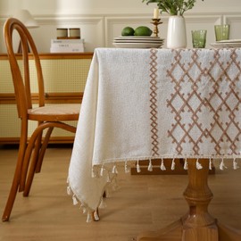 LOHUT Thick Linen Embroidered Checkered Tablecloth, Bohe Style Dining Tablecloth, Coffee Table Cover, Furniture Throw, Durable and Easy to Clean,55 x 84 Inch