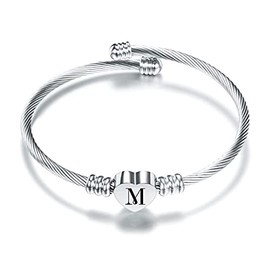 SBI Jewelry Initial M Bracelet for Women Letter Cuff Silver Heart Bangle Wife Mom Auntie Sister Best Friends Family Birthday Mothers Day Anniversary Stainless Steel