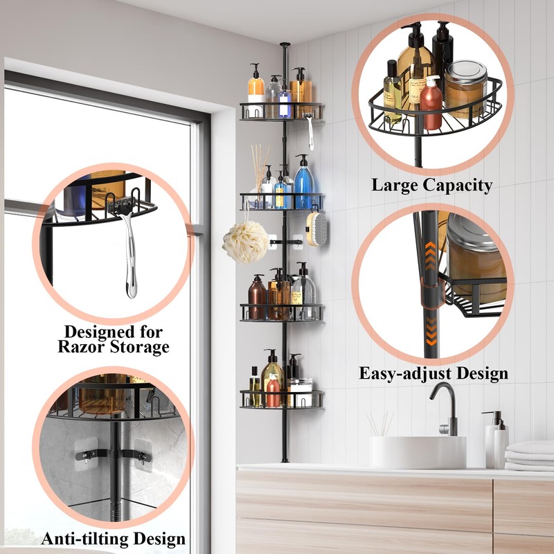 Peyulia 4-Tier Rustproof Corner Shower Caddy with Tension Pole, 42-115