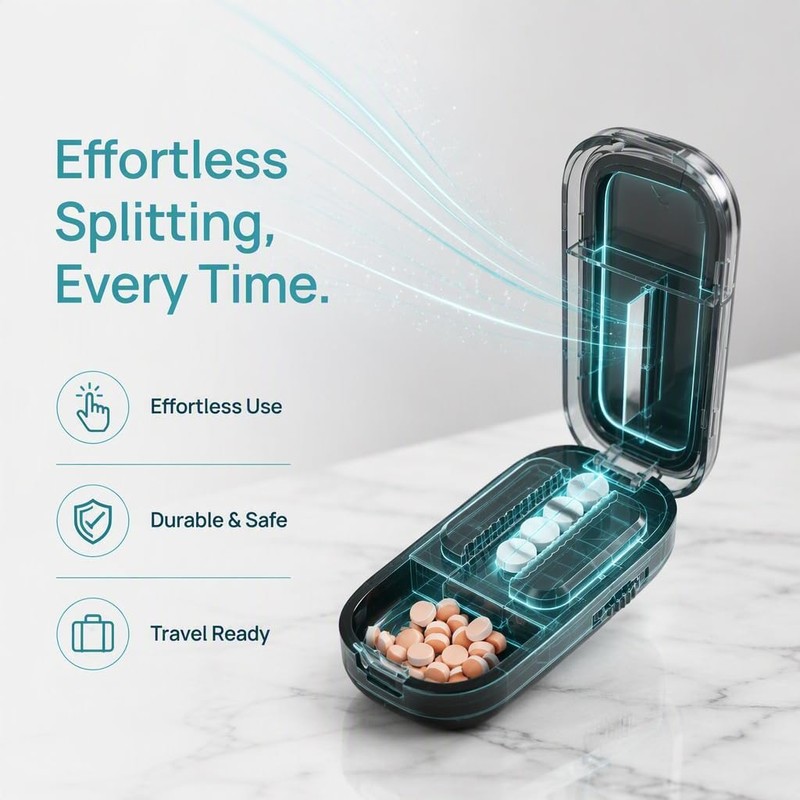 Black, Portable, Two-Part Pill Splitter, Pill Divider