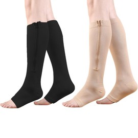 HYCOPROT Zipper Compression Socks for Women Men 2 Pairs Open Toe 15-20 mmHg Compression Stockings for Varicose Veins Running Nurses Pregnancy Travel