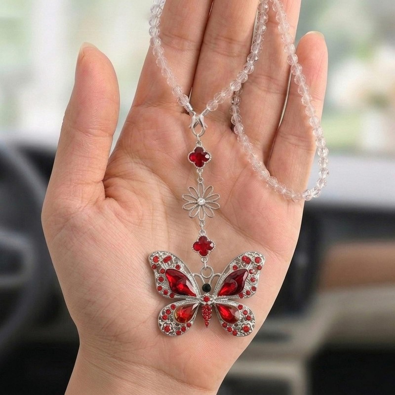 Butterfly Car Accessories Rearview Mirror Hanging Charm, Crystal Suncatcher Car