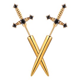 Aroncent Goth Accessories Sword Earrings: Gothic Punk Stainless Steel Cool Cubic Zirconia Gold Dagger Screw Back Stud Spike Earrings for Men Women