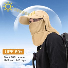 TAGVO Sun Hat with Removable Neck Flap, UPF 50+ Protection, Breathable Fishing Hats, Foldable Quick Drying Camping Hiking Hat, Sun Caps for Men and Women, Universal Size, khaki