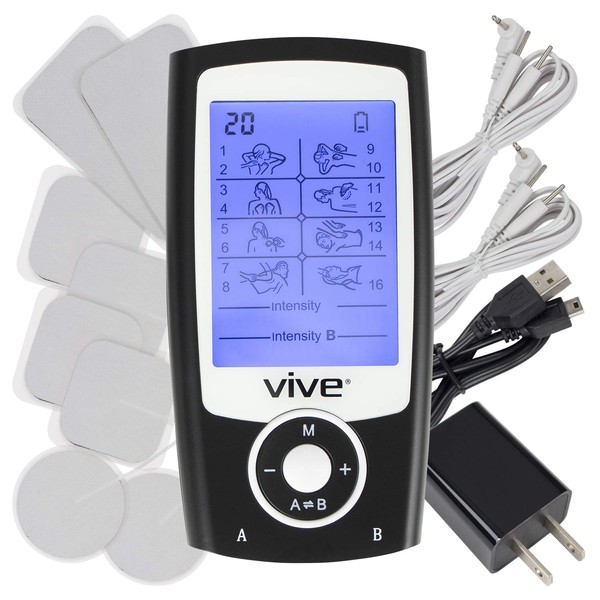 Vive Tens Unit Muscle Stimulator- Stim Machine with Self Sticking Electrodes Pads, Massager for Upper & Lower Back, Sciatica, Neck Pain Relief, Electric Shock Therapy for Muscles & Pain Management