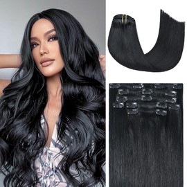 Honsoo Extensiones de Cabello Humano con Clip Negro Azabache 70g 7 Piezas 12 Pulgadas
