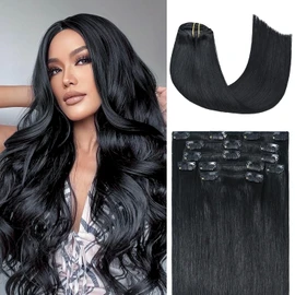 Honsoo Extensiones de Cabello Humano con Clip Negro Azabache 70g 7 Piezas 12 Pulgadas