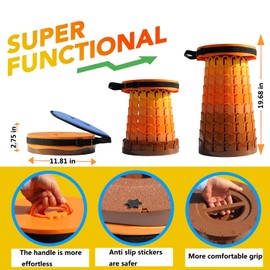 Upgraded 19.7"Portable Collapsible Folding Stool with Cushion Retractable Telescoping Foldable Stool for Adults Heavy Duty Camping Sturdy with Max Load Capacity 1000lbs for Outdoor Fishing Hiking BBQ