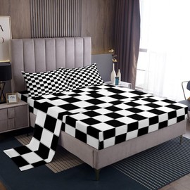 Grid Bed Sheets Black And White Checkered Bedding Farmhouse Buffalo Plaid Bed Sheet Set Twin For Kids Teens Adults,Geometric Gingham Checkerboard Fitted Sheet Deep Pocket + Top Sheet + 1 Pillowcase