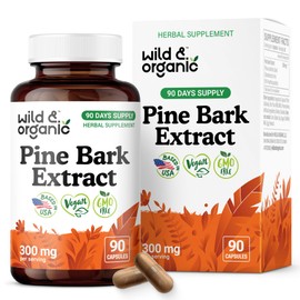 Wild & Organic Pine Bark Extract Capsules 300 mg - Antioxidant Support - 95% Proanthocyanidins - 90 Capsules - French Maritime Pine Bark Extract - 90 Days of Supply - Pinus Maritima - Vegan, Non-GMO