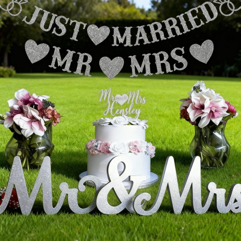 Aiyraa Silver Just Married Banner, Just Married Wedding Decorations