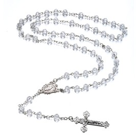 Rnivida Catholic Clear Crystal Beads Rosary Necklace with Miraculous Medal Cross Crucifix Rosaries Communion Rosary for Women