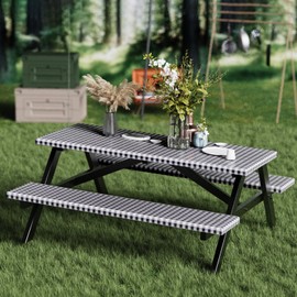 Fantastshop Picnic Outdoor Table Cover with Bench Cover, Waterproof 6ft Table Cloth for Camping, Fitted with Elastic, Vinyl with Flannel Back, Fits for 30 x 72 inch Table, Checkered Black, 3pcs.