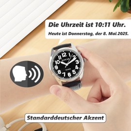 MAUJOY Talking Watch for Men, German Speaking Men's Watch, Large Number, Easy to Read, Date and Time Announcement, For Blind, Seniors and Dementia Sufferers, black, Classic