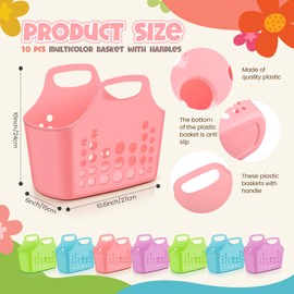 Nuogo 10 Pack Assorted Multicolor Basket with Handles Plastic Oval Carry Totes with Handles Caddy Multipurpose Organizer Reusable for Bathroom Dorm Communal Showers Kitchen School, 10.6" x 6" x 10"