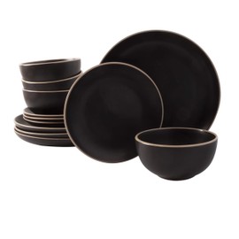 Gibson Home Rockaway 12-Piece Stoneware Dinnerware Set, Service for 4 – Modern Round Plates and Bowls, Dishwasher & Microwave Safe, Black