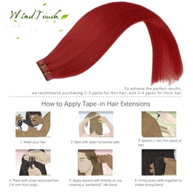 WindTouch Tape in Hair Extensions Bright Red 100% Human Hair Extensions Straight 20 Pcs 20Inch #red 50g