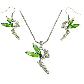 DianaL Boutique Fairy Tinkerbell Pendant Necklace and Earrings Set Green Crystal Tinker Bell Gift Boxed Fashion Jewelry