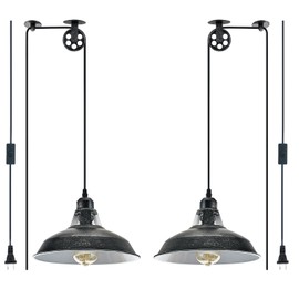 Plug in Pendant Light With Switch,Vintage Industrial Design,16.4ft Cord,Adjustable Pulley,Easy Install,Ideal For Living Room,Pool Table,Bedroom,Kitchen,Sloped Ceiling,Bar,Outdoor Shed(Silver Black)