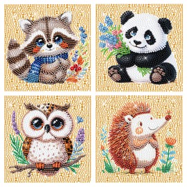 4 Packs 5D Diamond Painting Kits for Kids, Cartoon Animals DIY Diamond Arts Mosaic Kits for Adults Beginners, Full Round Drill Gem Art and Craft for Kids, Crystal Diamond Art for Decor 6X6 inch