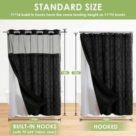 Nesphy No Hook Boho Shower Curtain and Snap in Liner Set, Black Chic Textured Tufted Chevron Geometric Cloth Double Layers Waterproof Washable Fabric Mesh Top Window Bath Curtain 71x74 Inch