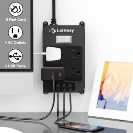 Outdoor Power Bar Waterproof, Outdoor Surge Protector Extension Cord 6 Feet with 4 Outlets, 3 USB Ports, Wall Mountable Power Bar, Overload Protection, Waterproof Outlet Extender for Kitchen, Bathroom