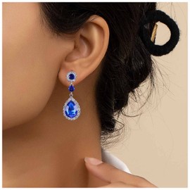 Inateannal Vintage Sapphire Crystal Drop Earrings Blue Teardrop Crystal Earrings Blue Sapphire Earrings Blue Bridal Waterdrop Earrings Jewelry for Women and Girls(Silver)
