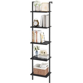 CJMM Ladder Shelf 5 Tier Wall Mounted Bookcase with Metal Frame, Open Design Shelves for Living Room, Bedroom, 72 Inch Wall Mounted Book Shelf, Wall-Mounted Black Wood Bookcase Storage Rack, Black