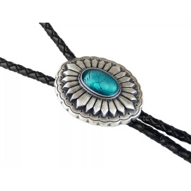 Unbranded Turquoise Oval Bolo Tie Real Silver Plated 38" Adjustable Genuine Leather Cord