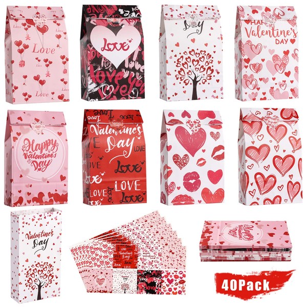 Valentines Gift Bags Party Favors - 40 PCS Valentine Paper Bags + 42 PCS Valentine Stickers for Kids Adult, 8 Patterns Valentine Treat Bags Valentine Goodies Bags for Wrapped Gifts Party Supplies Decoration