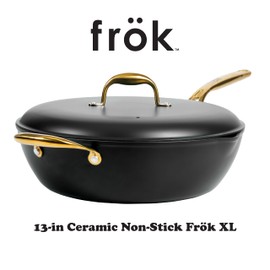 Frok 13" Frying Pan Wok Skillet 4MM Thick Quick Heat Aluminum Cookware w/Aluminum Lid Premium PFA Free Ceramic Nonstick Interior & Heat Resistant Exterior - Induction - Black & Gold