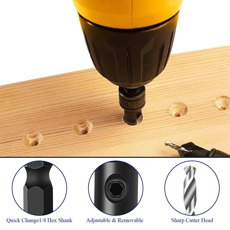 Wood Countersink Drill Bit Set, 5pcs Quick Change Adjustable Countersink