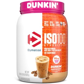 Dymatize x Dunkin' Cappuccino ISO100 Whey Protein Powder, 95mg Caffeine, 25g of Protein, 20 Servings, 5.5g BCAAs, 120 Cal., Gluten Free, 1g Fat, 1g Sugar, 2g Carb