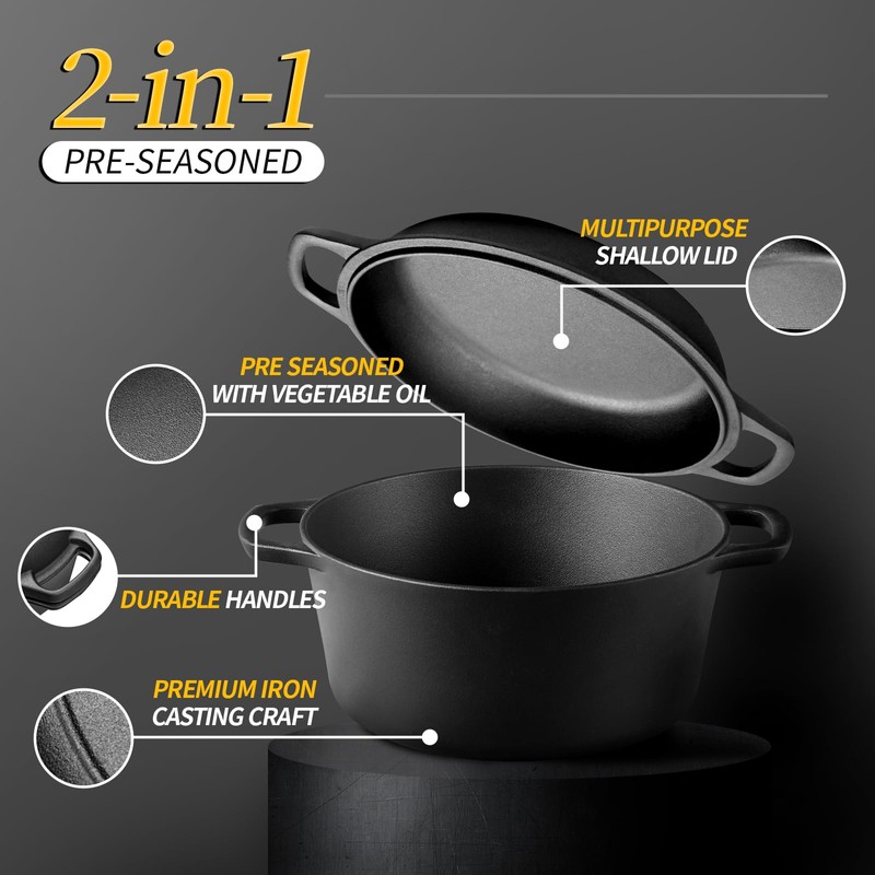 EDGING CASTING 2-in-1 Pre-Seasoned Cast Iron Dutch Oven Pot with
