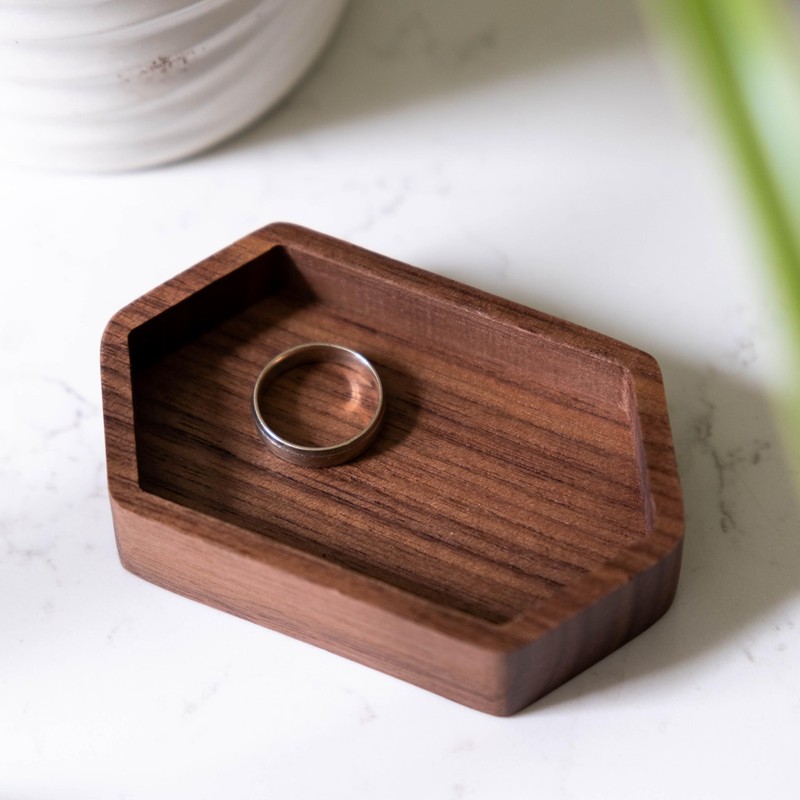 Walnut Wood Ring Tray, Narrow Hexagon Hardwood Holder, Slim Hexagonal