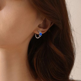 Raymard 925 Sterling Silver Hoop Earrings for Women, 5x5MM Square Cut Birthstone Huggie Earrings, 18K White Gold Plated Jewelry for Women, Sterling Silver, Created Sapphire