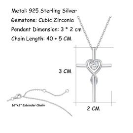 Women's Pendant and Chain Necklace with Infinity Cross Symbol, Made of 925 Sterling Silver with Natural/Synthetic Gemstone in Heart Shape – Adjustable Chain Length: 40 cm + 5 cm, Silver