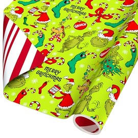 American Greetings Grinch Christmas Wrapping Paper Roll for Kids, Green and Red Holiday Gift Wrap (40 sq. ft., 1 Reversible Roll) Merry Grinchmas, Max, Grinch Christmas Tree