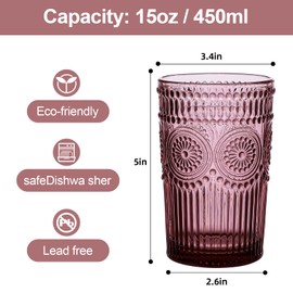 ZMOWIPDL Vintage Glassware Drinking Glasses Set of 6,13 oz Purple Textured Flower Design Glass Water Tumblers，Embossed Striped Drinkware for Water,Cocktails,Juice,Iced Coffee